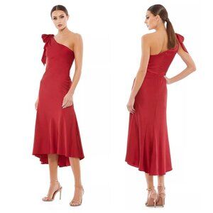 MAC DUGGAL One-Shouder Bow Satin Midi A-Line Dress in Deep Red Size US 8